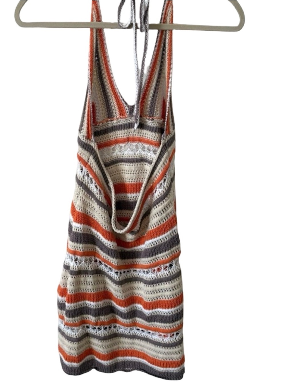 Boho Chic Crochet Halter Mini Dress | Boho Knit Orange & Tan Print | Size Small - Picture 3 of 4